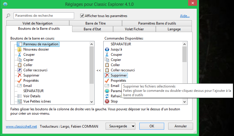 Param&egrave;tres de la barre d’outils