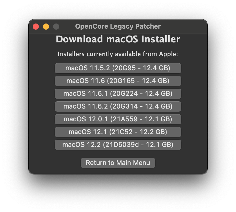 OCLP GUI Installer Download Listed Products