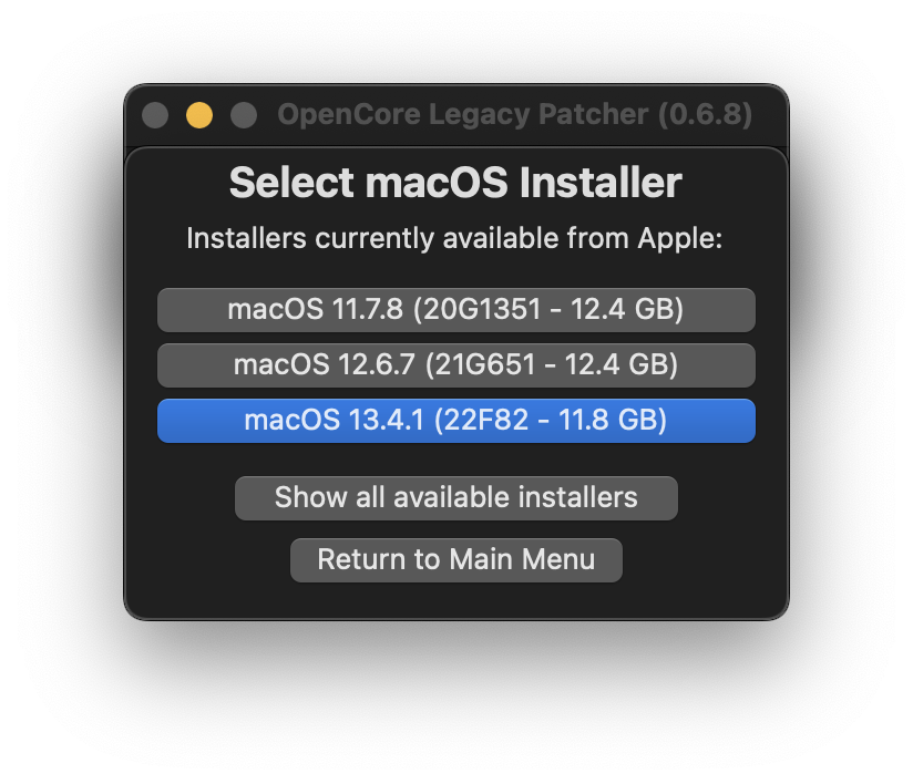 OCLP GUI Installer Download Listed Products