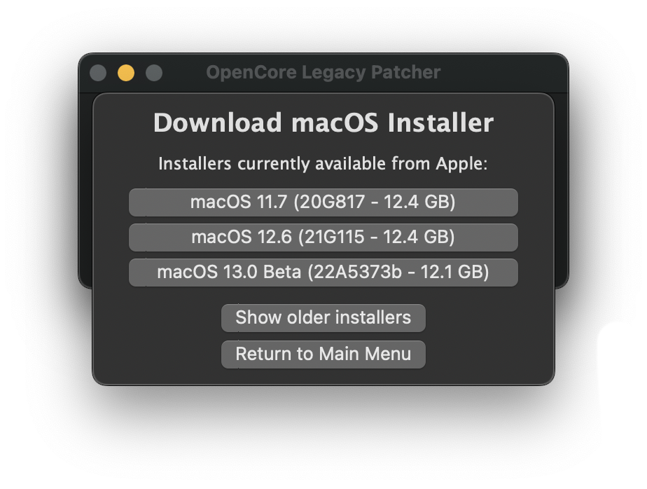 OCLP GUI Installer Download Listed Products