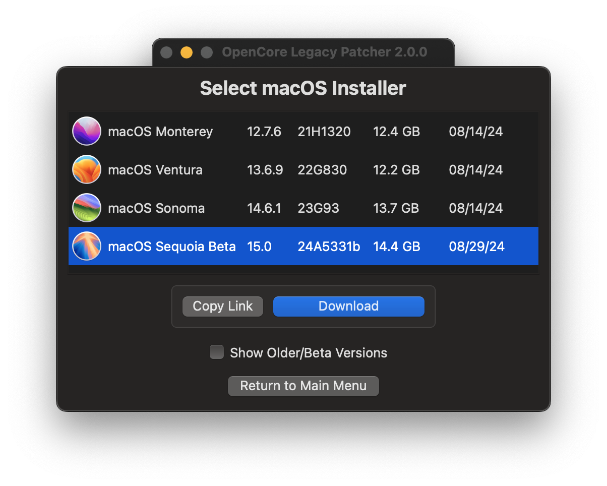 OCLP GUI Installer Download Listed Products