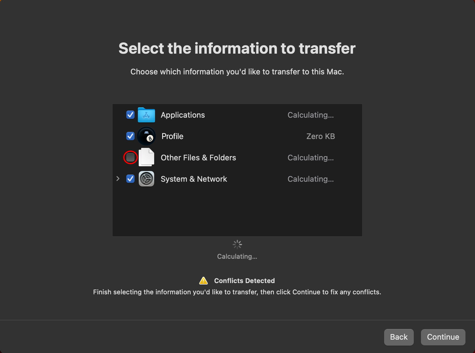 Uncheck other files and folders